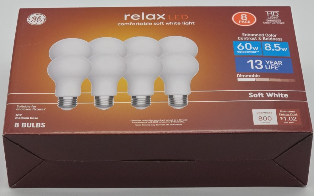 Lot 8 GE LED Light Bulb Relax 5.5W 40W A19 #44898 Soft White 450 Lumens